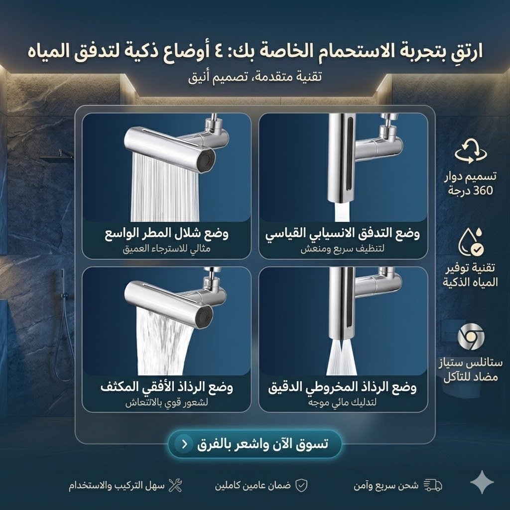 رأس صنبور دوّار 360° بثلاث وضعيات تدفق 💦